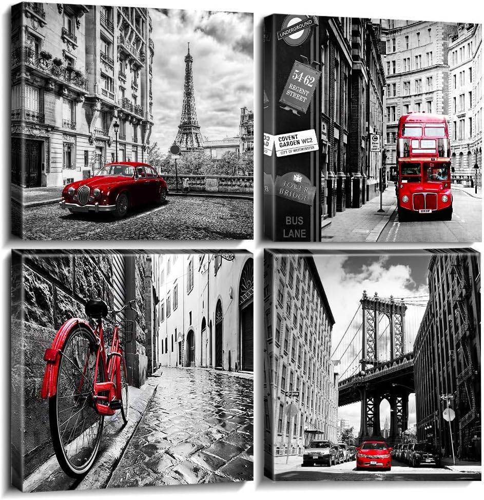 Black and White City Wall Art for Living Room Red Wall Decor Bathroom Pictures